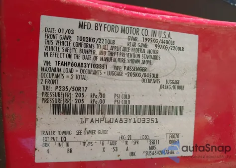 2003 Ford Thunderbird из США, поврежденный, VIN 1FAHP60A83Y103351